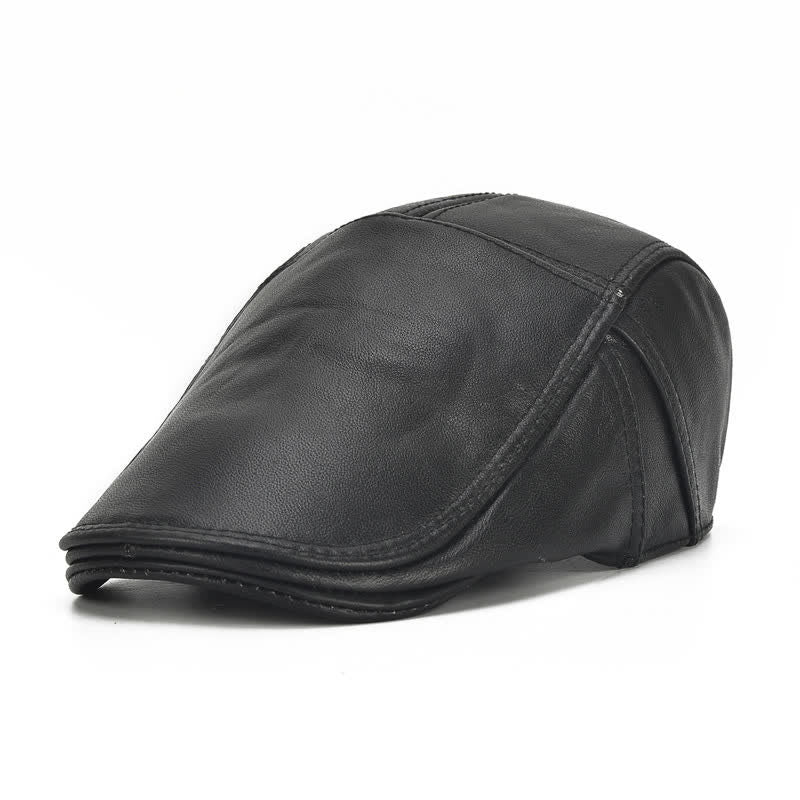 Side Lace-Up Cowhide Leather Beret Hat - Black - Adjustable (21 5/8"-23 5/8") - image 2