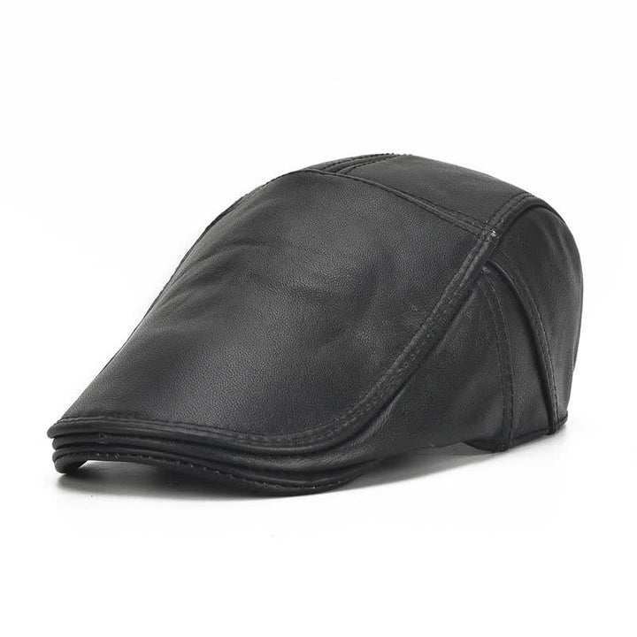 Side Lace-Up Cowhide Leather Beret Hat - Black - Adjustable (21 5/8"-23 5/8") - image 2