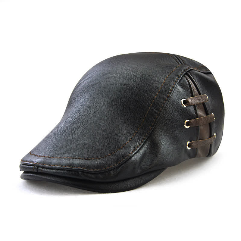 Fashion Side Lace-Up Design Leather Beret Hat - Black - Adjustable (22"-23 5/8") - image 2