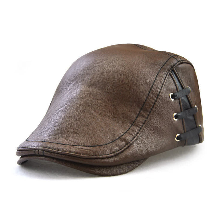 Fashion Side Lace-Up Design Leather Beret Hat - Light Coffee - Adjustable (22"-23 5/8") - image 0