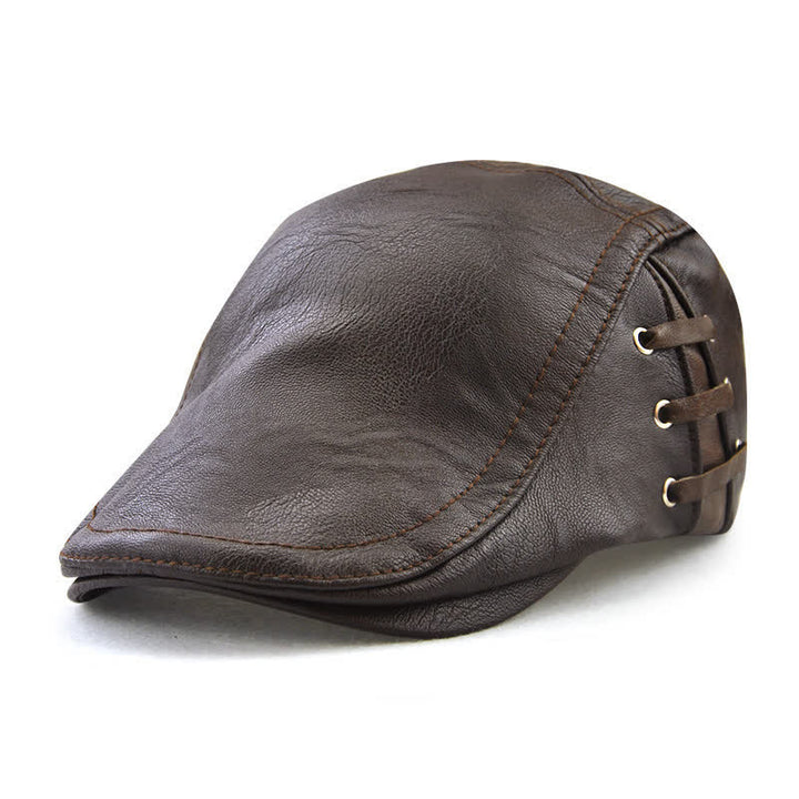 Fashion Side Lace-Up Design Leather Beret Hat - Dark Coffee - Adjustable (22"-23 5/8") - image 10