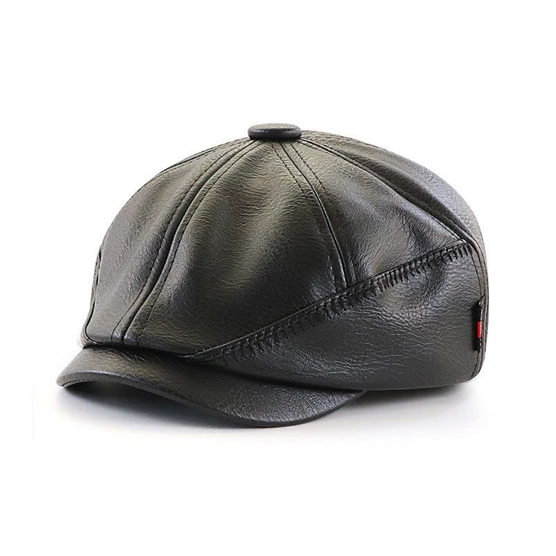 Retro Style Sewing Design Newsboy Leather Beret Hat - Black - Adjustable (22"-23 5/8") - image 2