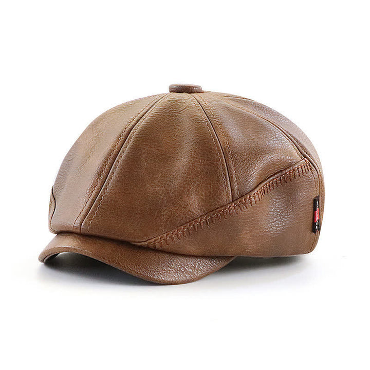 Retro Style Sewing Design Newsboy Leather Beret Hat - Dark Coffee - Adjustable (22"-23 5/8") - image 8