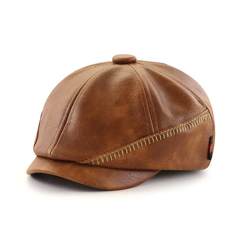 Retro Style Sewing Design Newsboy Leather Beret Hat - Light Coffee - Adjustable (22"-23 5/8") - image 0