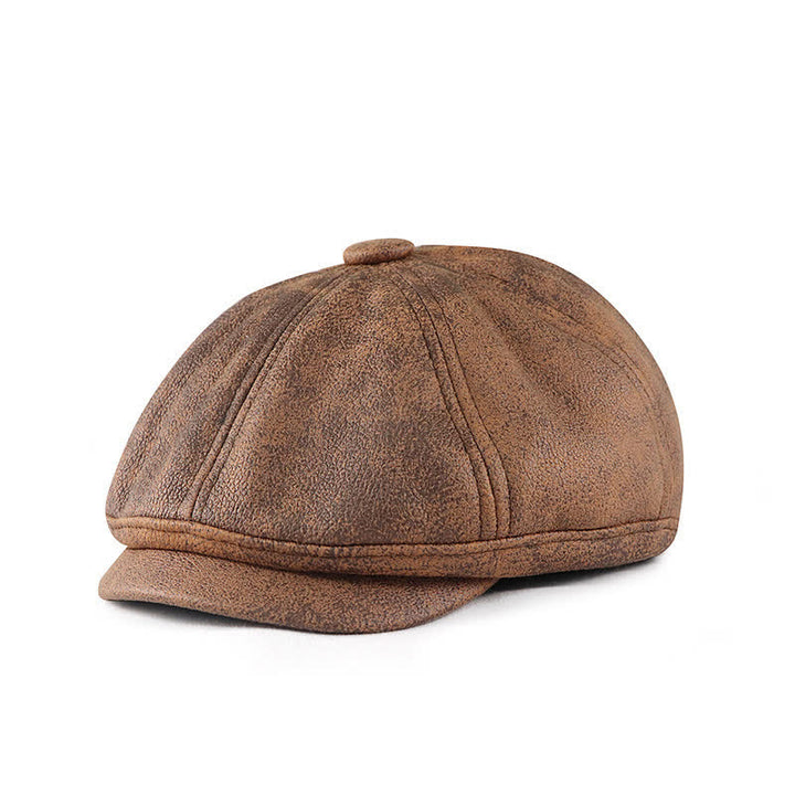 Washed Distressed Vintage Artist Leather Beret Hat - Coffee - M (22"-22 7/8") - image 0