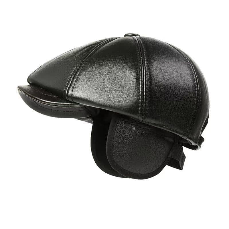 Classic Solid Color Cowhide Leather Beret Hat with Ear Flap - image 4