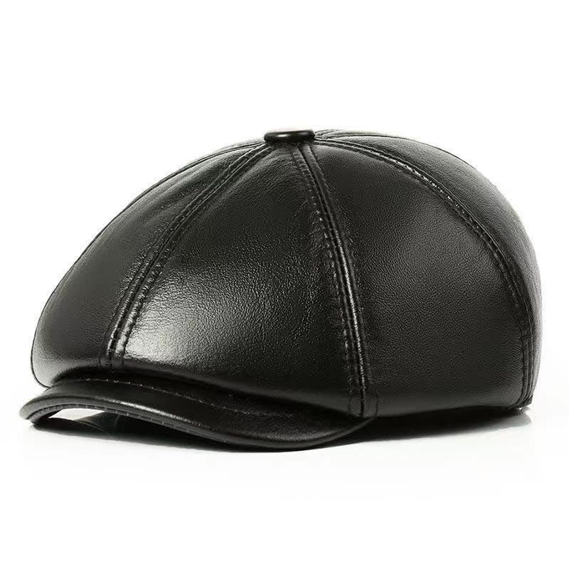 Classic Solid Color Cowhide Leather Beret Hat with Ear Flap - Black - Adjustable (22"-23 1/4") - image 3
