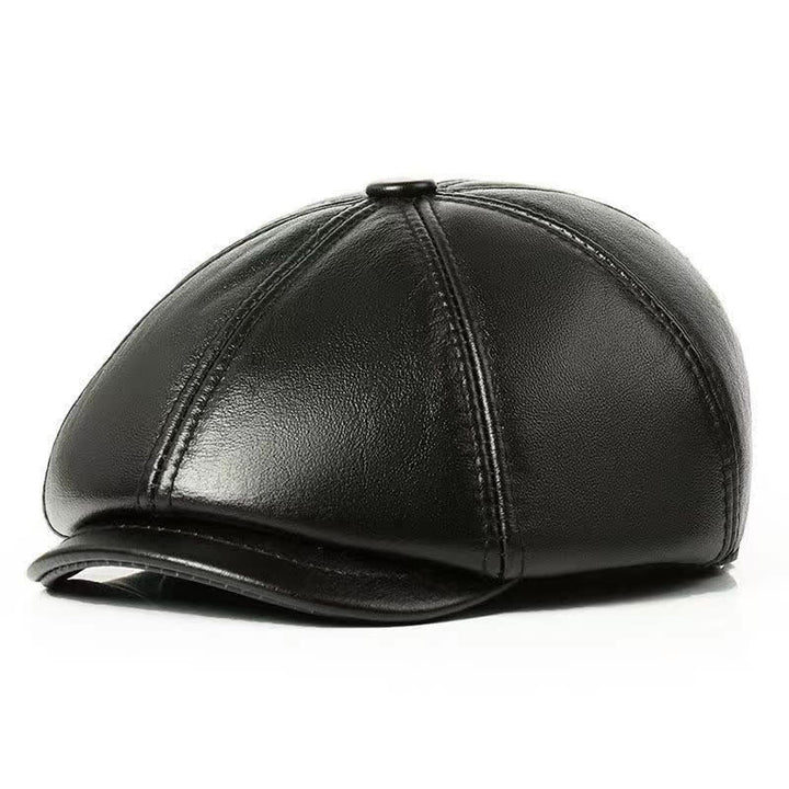 Classic Solid Color Cowhide Leather Beret Hat with Ear Flap - Black - Adjustable (22"-23 1/4") - image 3