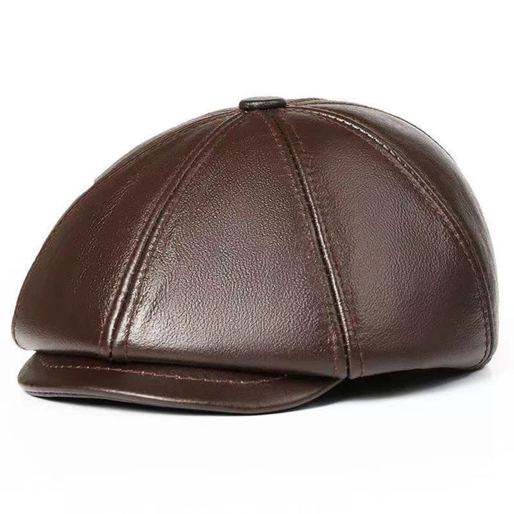 Classic Solid Color Cowhide Leather Beret Hat with Ear Flap - Brown - Adjustable (22"-23 1/4") - image 0