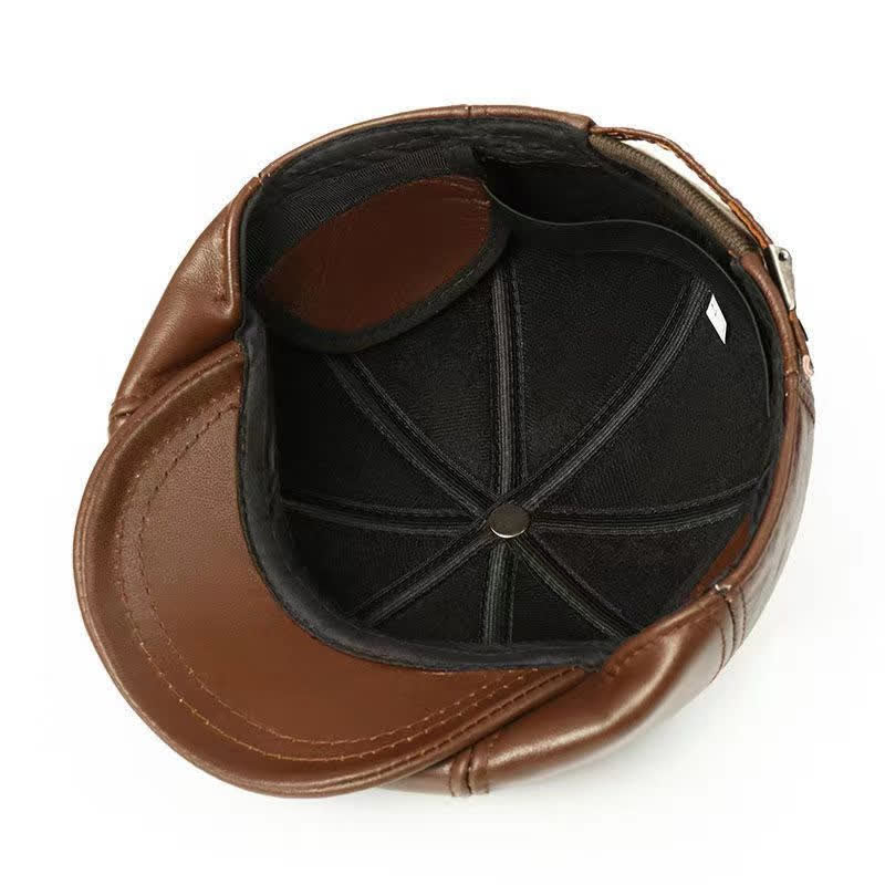Classic Solid Color Cowhide Leather Beret Hat with Ear Flap - image 7