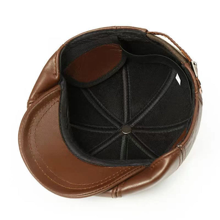 Classic Solid Color Cowhide Leather Beret Hat with Ear Flap - image 7