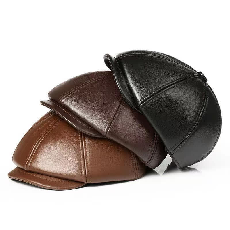 Classic Solid Color Cowhide Leather Beret Hat with Ear Flap - image 2