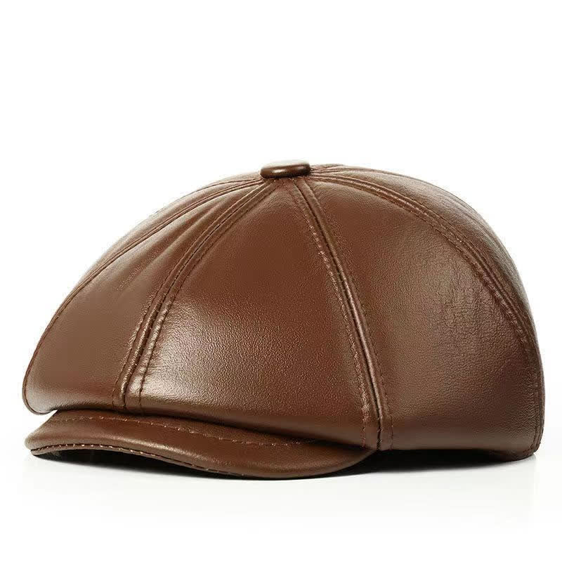Classic Solid Color Cowhide Leather Beret Hat with Ear Flap - Light Brown - Adjustable (22"-23 1/4") - image 6