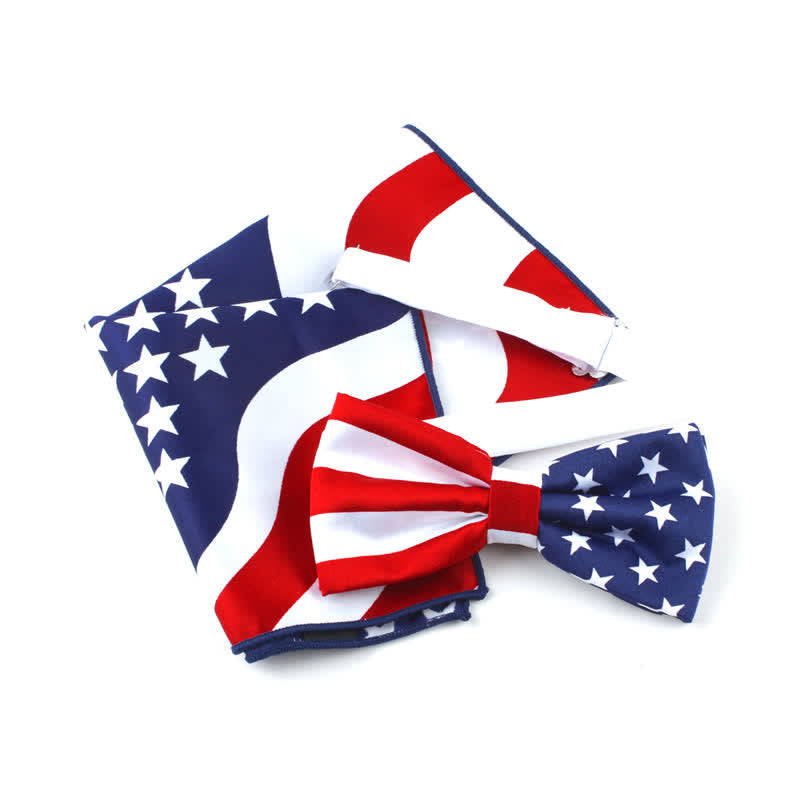 3Pcs Men's American Flag Printed Bow Tie Hankerchief Necktie Set - Bow Tie + Pocket Square - image 1