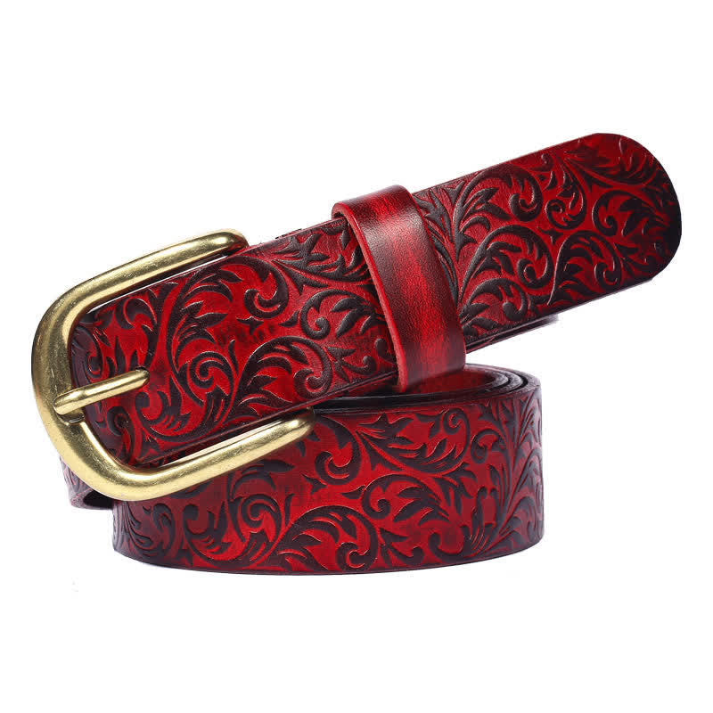 Classical Beautifully Floral Embossed Leather Belt - Red - 44 - image 0
