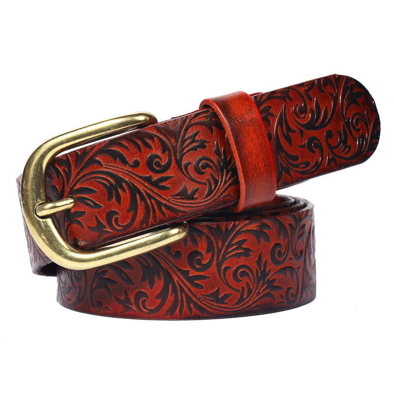 Classical Beautifully Floral Embossed Leather Belt - Brown - 44 - image 10