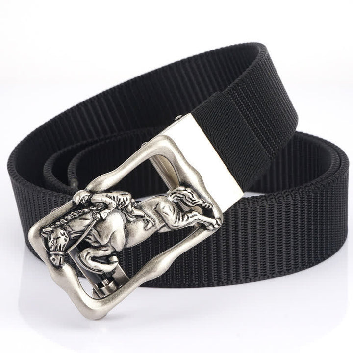 Men's Horse Riding Hollow Automatic Buckle Nylon Belt - Black / Silver - 42 - image 14