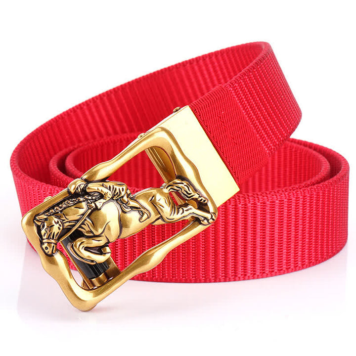 Men's Horse Riding Hollow Automatic Buckle Nylon Belt - Red / Gold - 42 - image 12