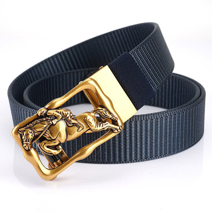 Men's Horse Riding Hollow Automatic Buckle Nylon Belt - Navy / Gold - 42 - image 8