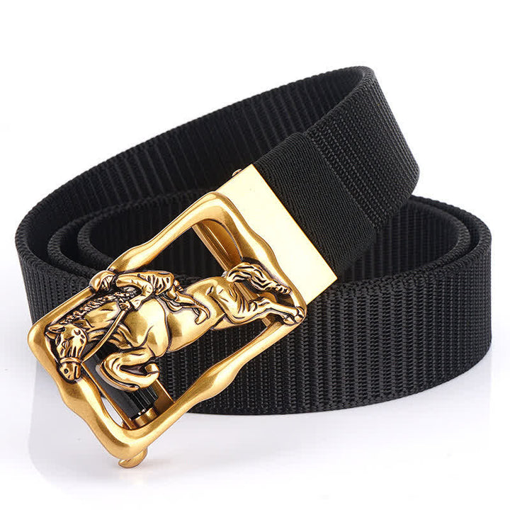 Men's Horse Riding Hollow Automatic Buckle Nylon Belt - Black / Gold - 42 - image 2