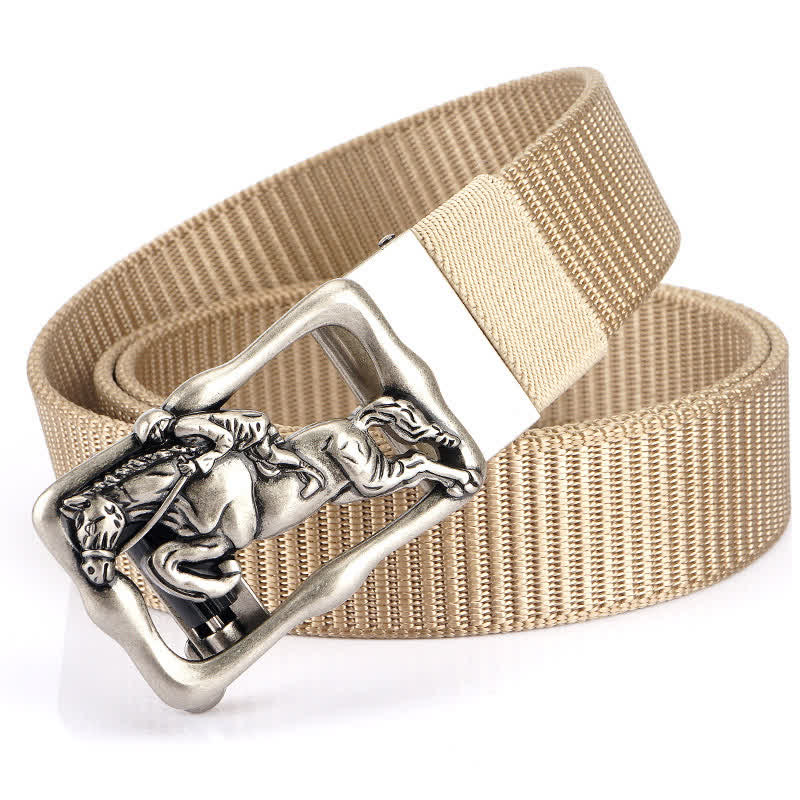 Men's Horse Riding Hollow Automatic Buckle Nylon Belt - Khaki / Silver - 42 - image 19