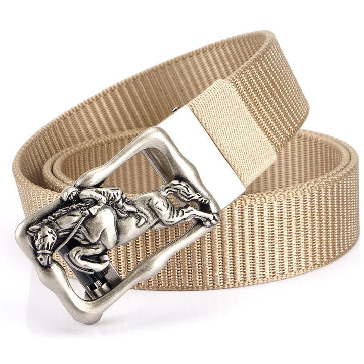 Men's Horse Riding Hollow Automatic Buckle Nylon Belt - Khaki / Silver - 42 - image 19