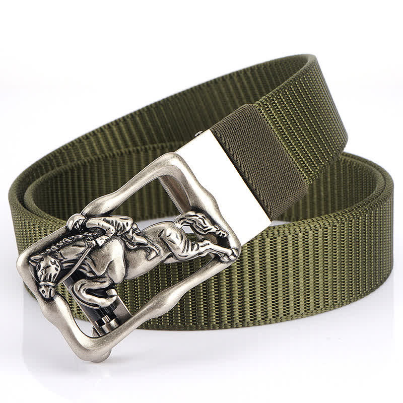 Men's Horse Riding Hollow Automatic Buckle Nylon Belt - Army Green / Silver - 42 - image 15