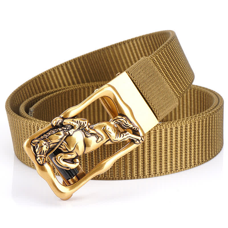 Men's Horse Riding Hollow Automatic Buckle Nylon Belt - Dark Khaki / Gold - 42 - image 0
