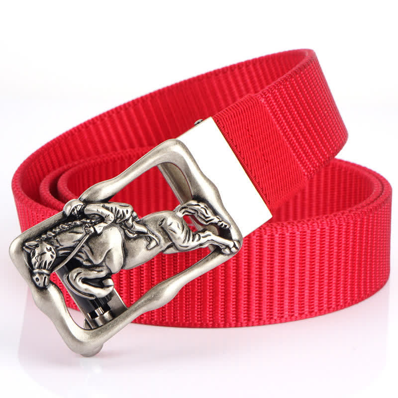 Men's Horse Riding Hollow Automatic Buckle Nylon Belt - Red / Silver - 42 - image 20