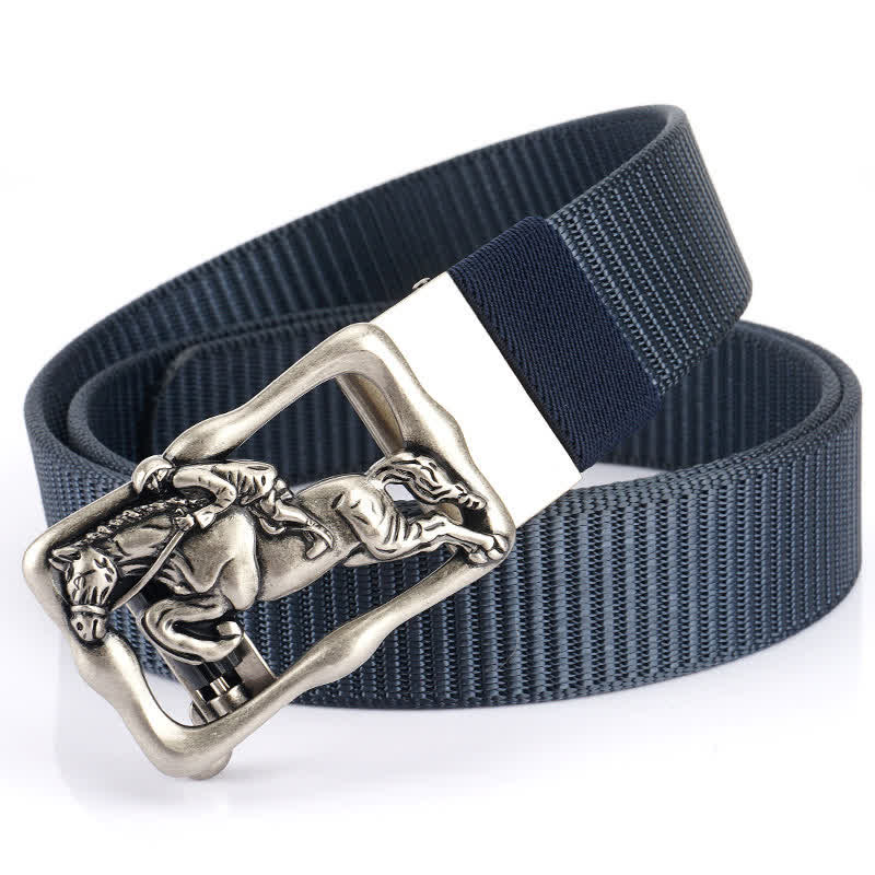 Men's Horse Riding Hollow Automatic Buckle Nylon Belt - Navy / Silver - 42 - image 16