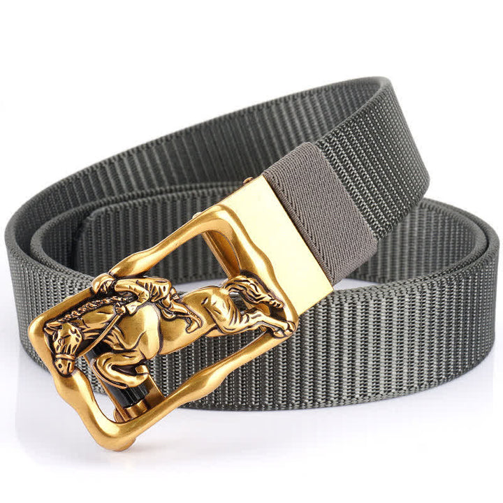 Men's Horse Riding Hollow Automatic Buckle Nylon Belt - Gray / Gold - 42 - image 9