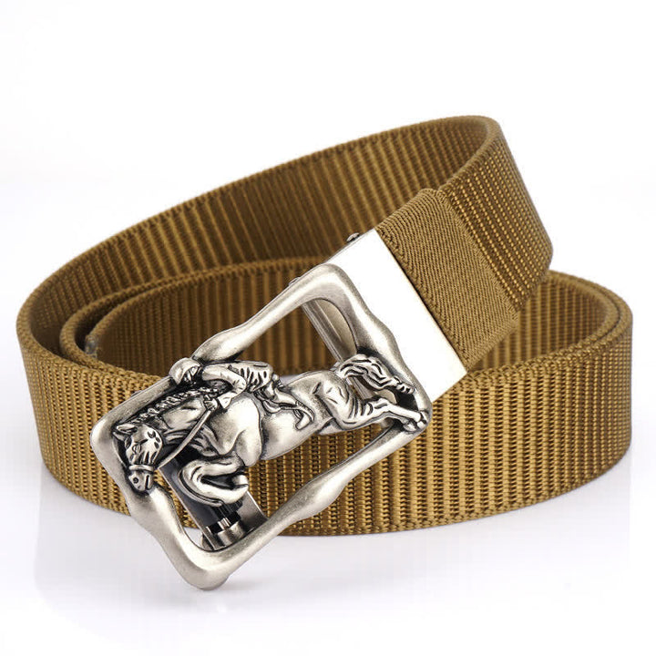 Men's Horse Riding Hollow Automatic Buckle Nylon Belt - Dark Khaki / Silver - 42 - image 13