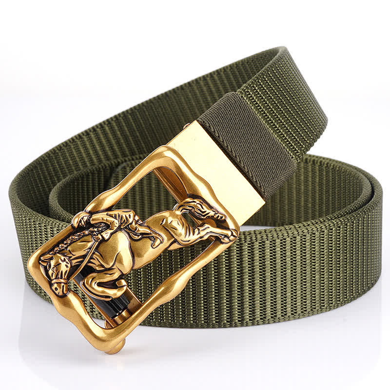 Men's Horse Riding Hollow Automatic Buckle Nylon Belt - Army Green / Gold - 42 - image 7