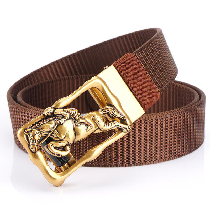 Men's Horse Riding Hollow Automatic Buckle Nylon Belt - Coffee / Gold - 42 - image 10