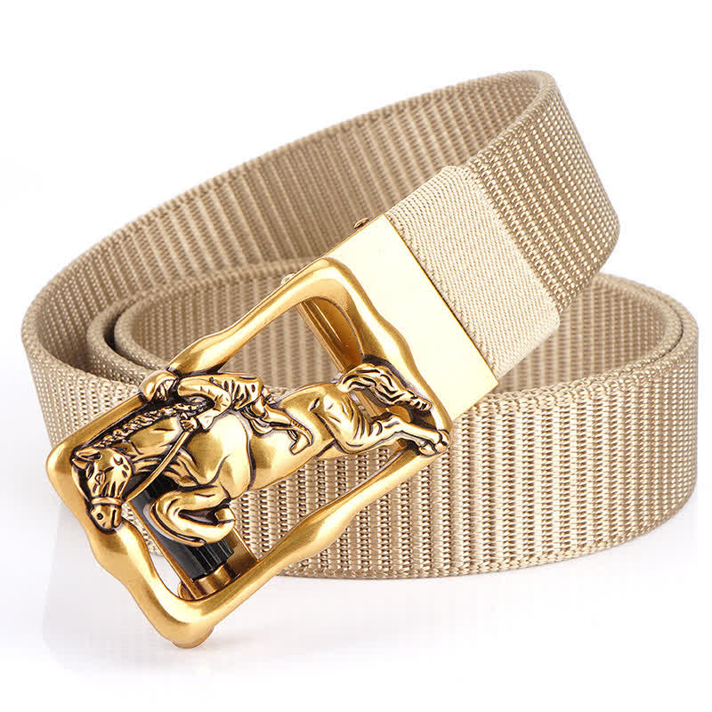 Men's Horse Riding Hollow Automatic Buckle Nylon Belt - Khaki / Gold - 42 - image 11