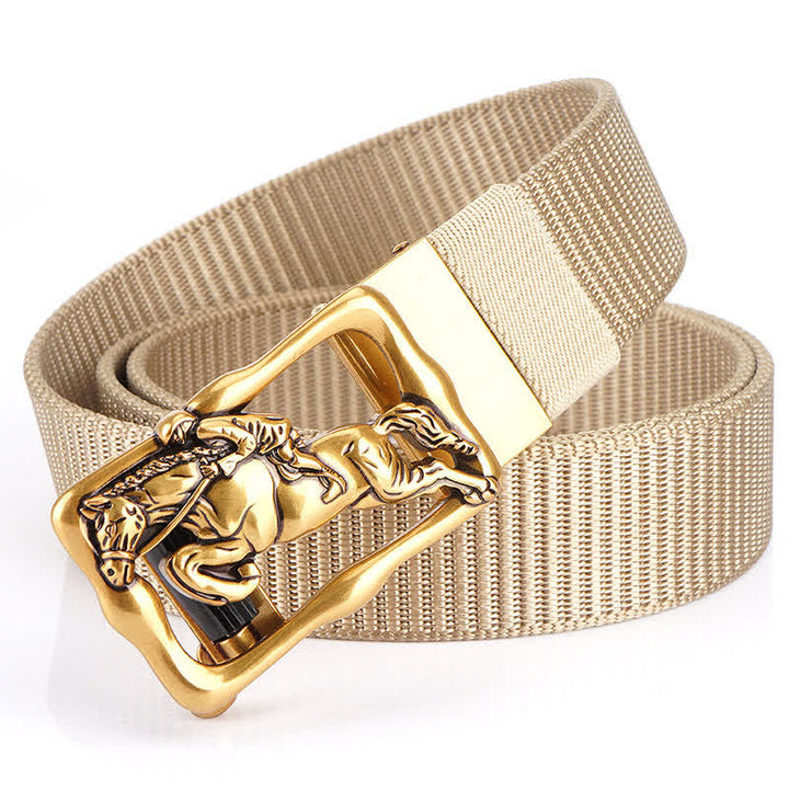 Men's Horse Riding Hollow Automatic Buckle Nylon Belt - Khaki / Gold - 42 - image 11