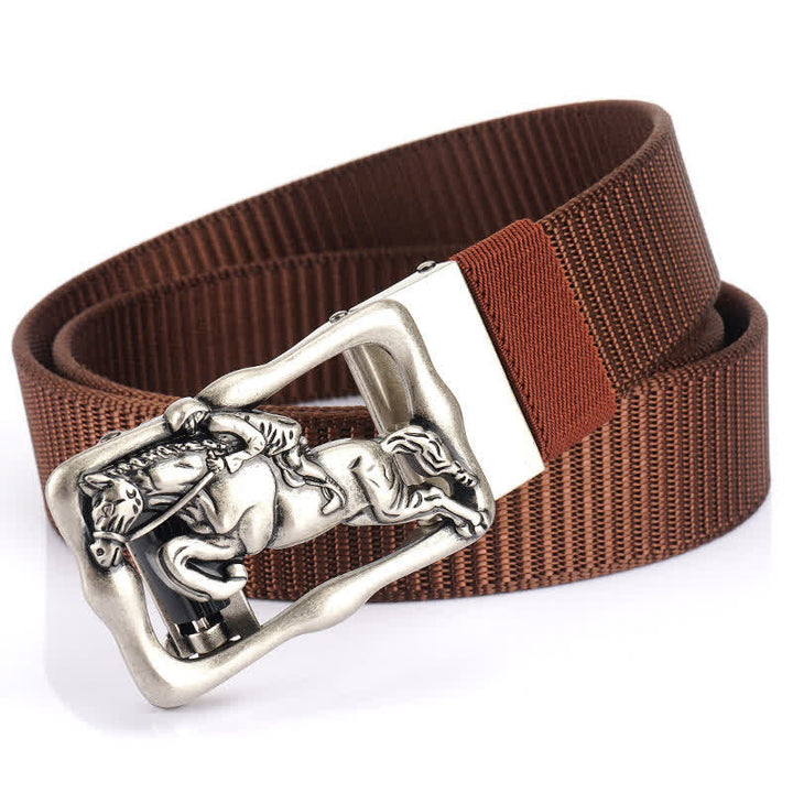 Men's Horse Riding Hollow Automatic Buckle Nylon Belt - Coffee / Silver - 42 - image 18