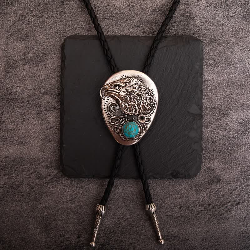 Natural Turquoise Stone Engraved Eagle Pendant Bolo Tie - Antique Silver - image 0