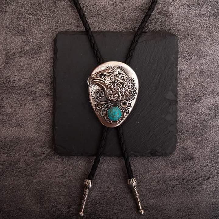 Natural Turquoise Stone Engraved Eagle Pendant Bolo Tie - Antique Silver - image 0