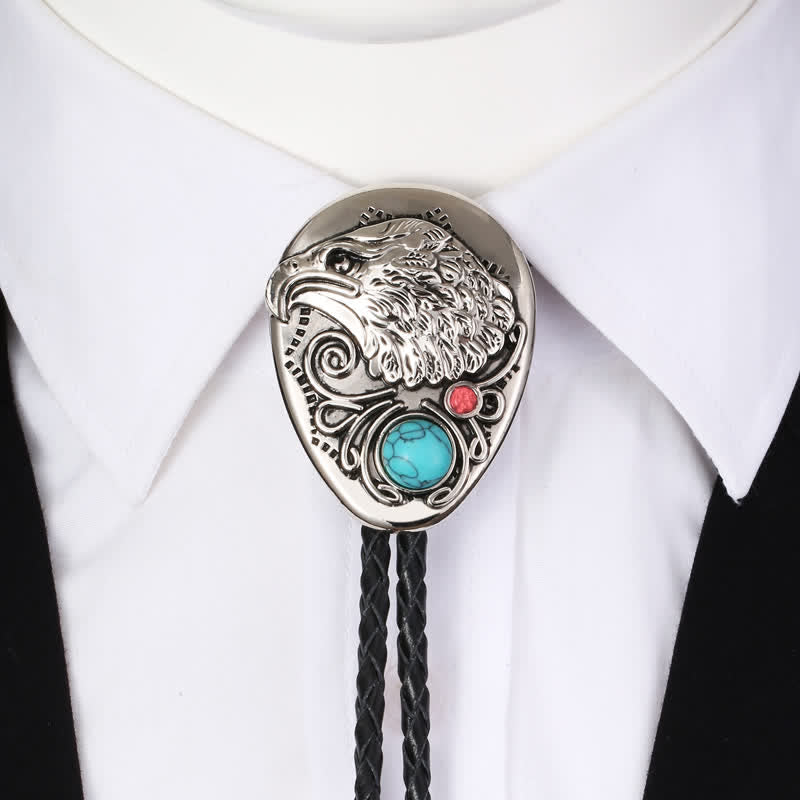 Natural Turquoise Stone Engraved Eagle Pendant Bolo Tie - image 1