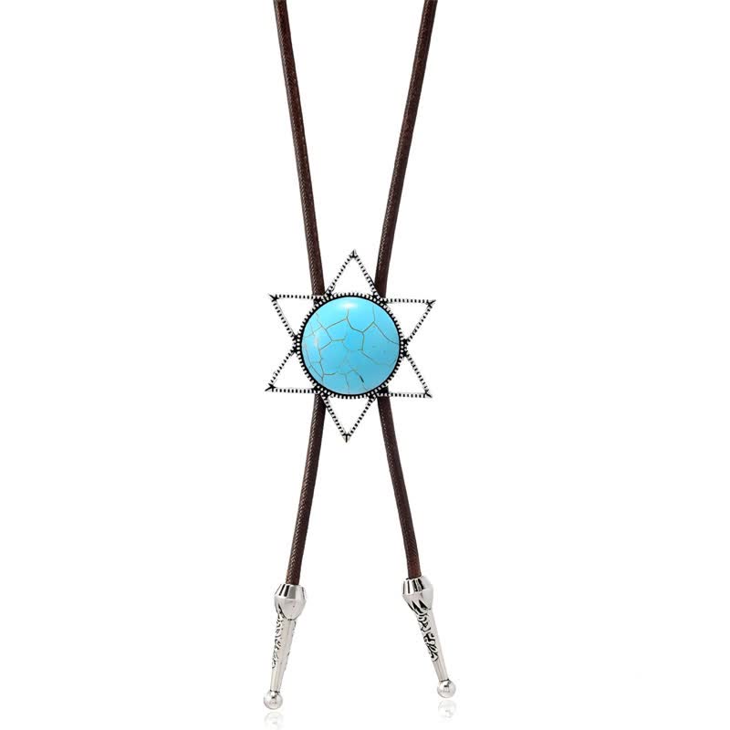 Six-Pointed Star Turquoise Design Bolo Tie - Brown - image 1
