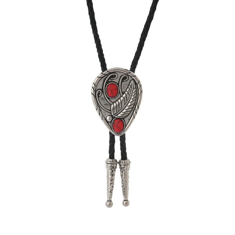 Native Cowboy Leaves Natural Stone Inlaid Bolo Tie - Red - image 5