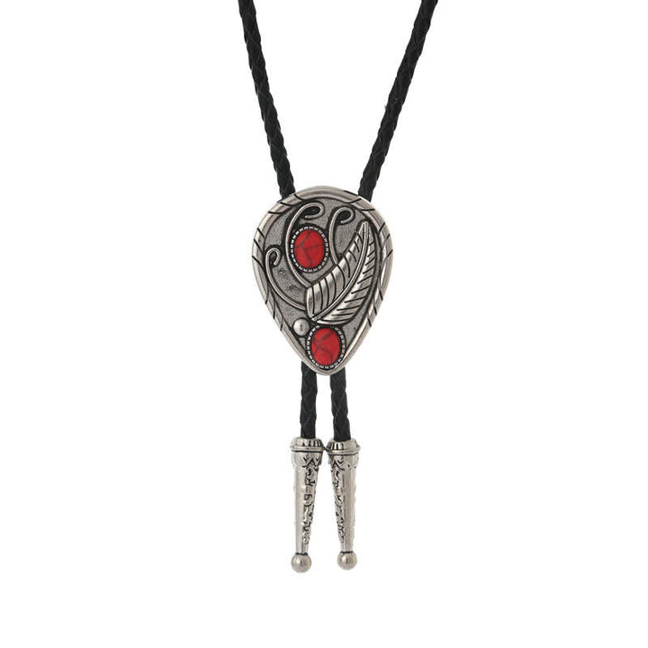 Native Cowboy Leaves Natural Stone Inlaid Bolo Tie - Red - image 5