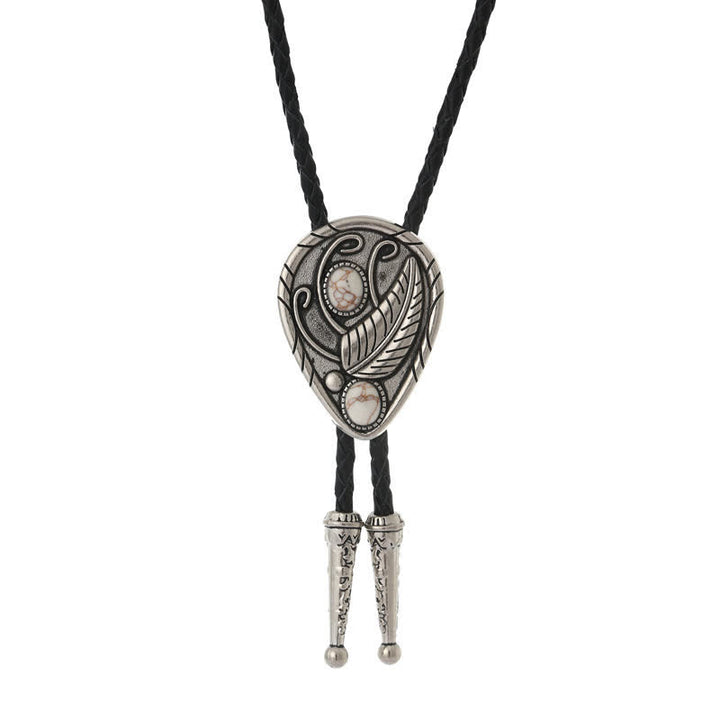 Native Cowboy Leaves Natural Stone Inlaid Bolo Tie - White - image 11
