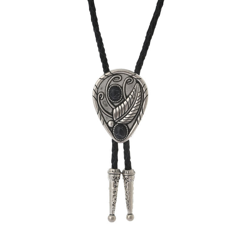 Native Cowboy Leaves Natural Stone Inlaid Bolo Tie - Black - image 8