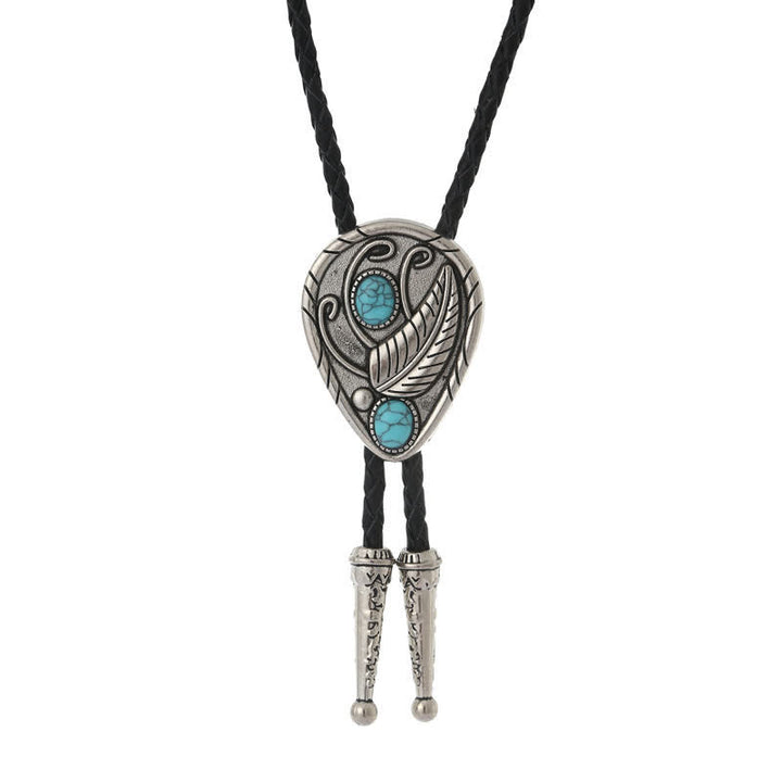 Native Cowboy Leaves Natural Stone Inlaid Bolo Tie - Blue - image 0