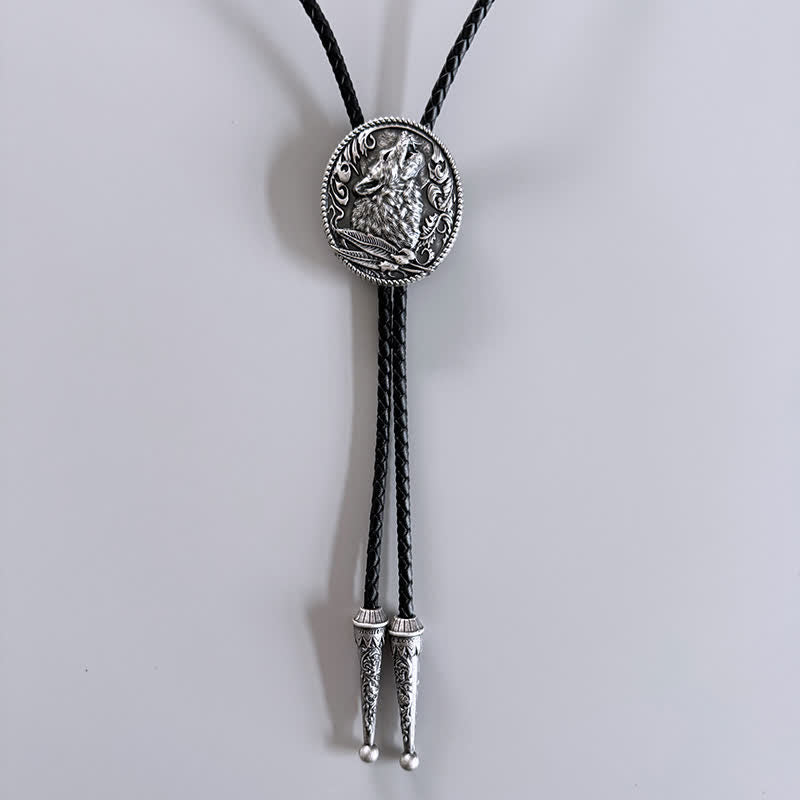 Howling Wolf Head Surrounding Leaves Bolo Tie - image 6