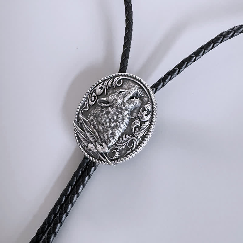 Howling Wolf Head Surrounding Leaves Bolo Tie - image 7