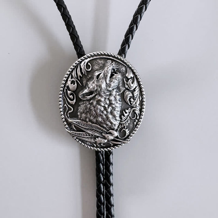 Howling Wolf Head Surrounding Leaves Bolo Tie - Silver - image 0