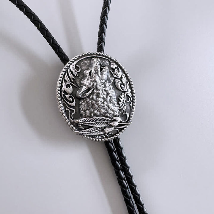 Howling Wolf Head Surrounding Leaves Bolo Tie - image 3